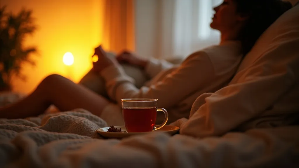 Tasse d'infusion apaisante posée sur une table de chevet le soir